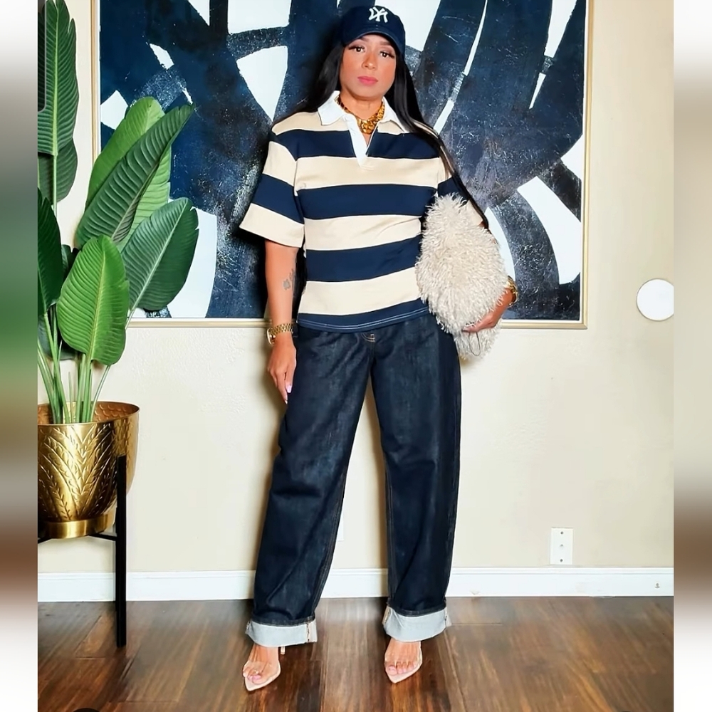 Wide Leg Dark Wash Jeans - Navy & Cream Stripe Styling